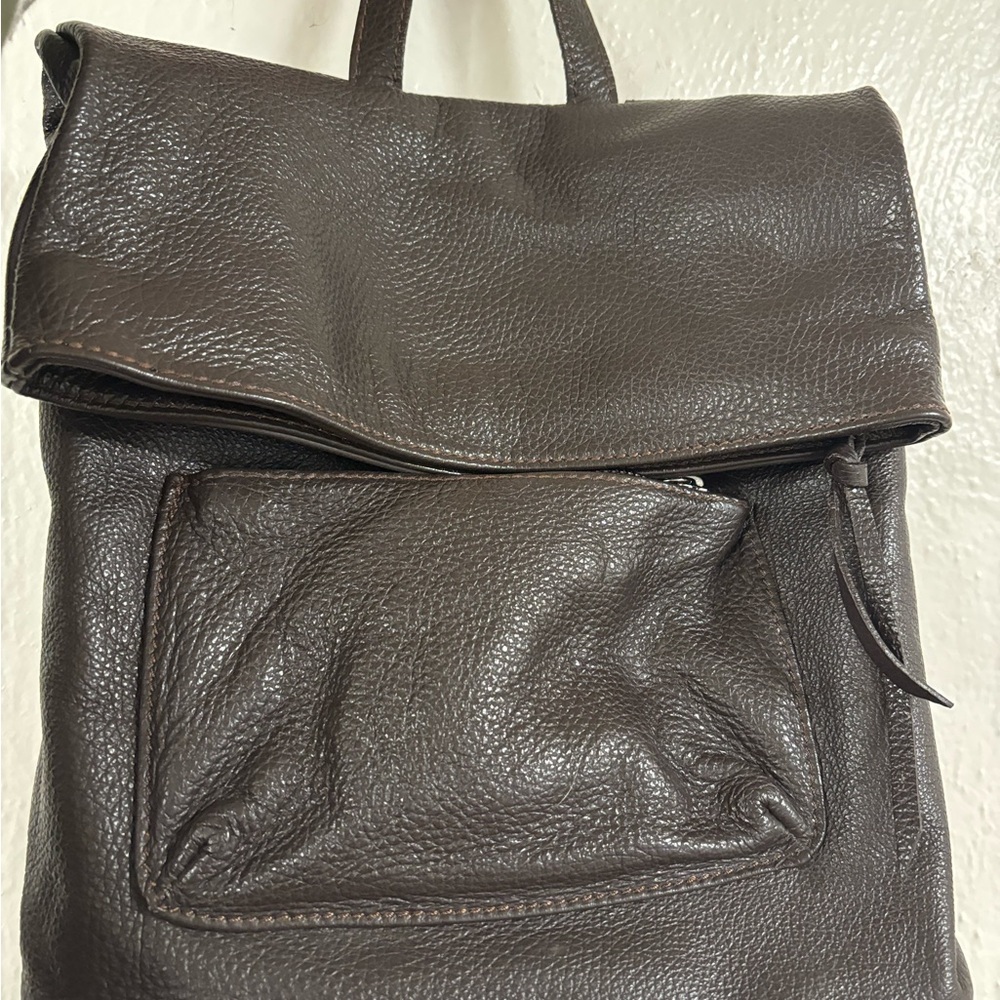 Leather Fold-Top Backpack Tote - Dark Brown